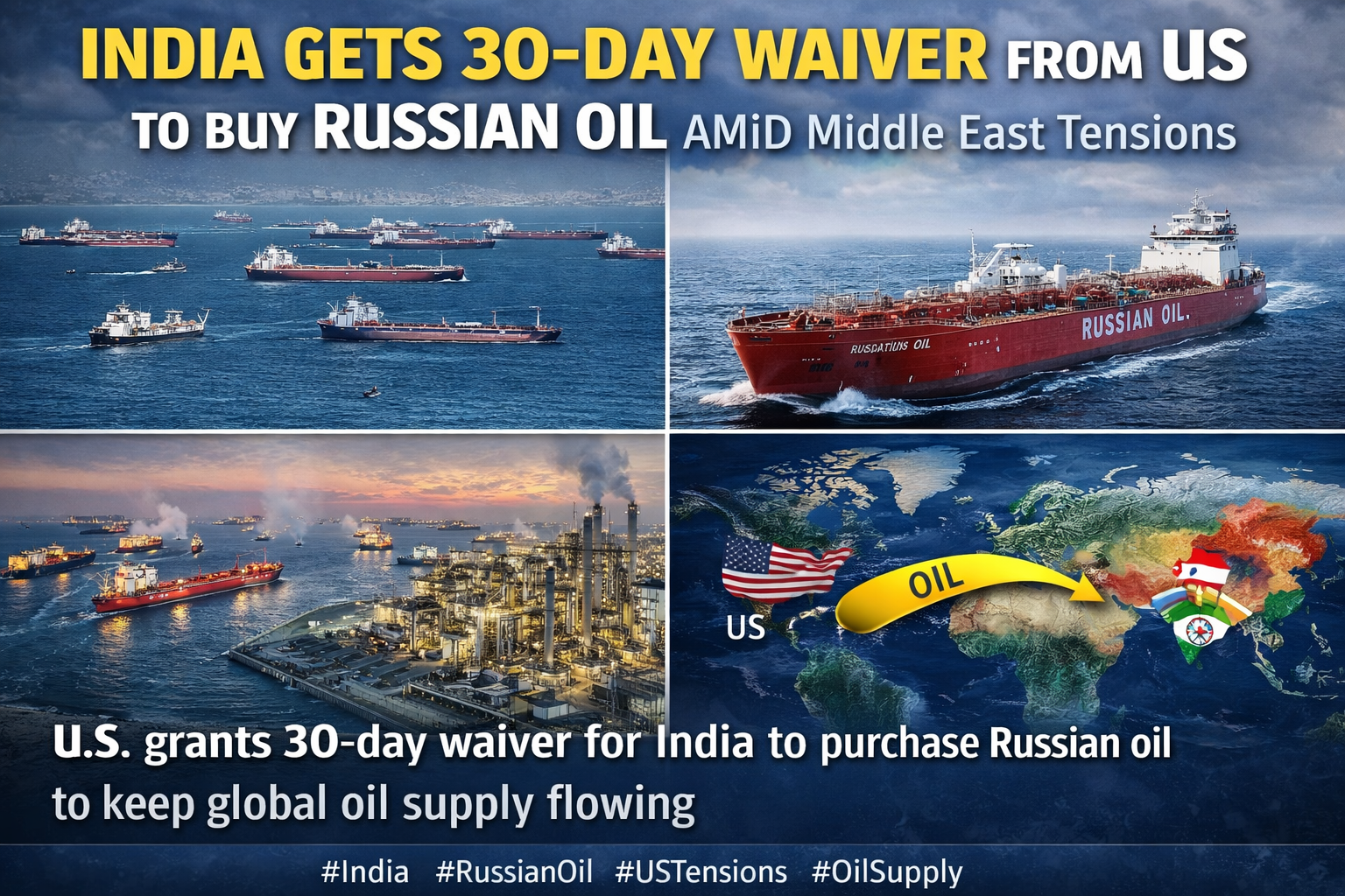 मिडिल ईस्ट तनाव के बीच भारत को राहत, अमेरिका ने रूसी तेल खरीद पर 30 दिन की छूट दी