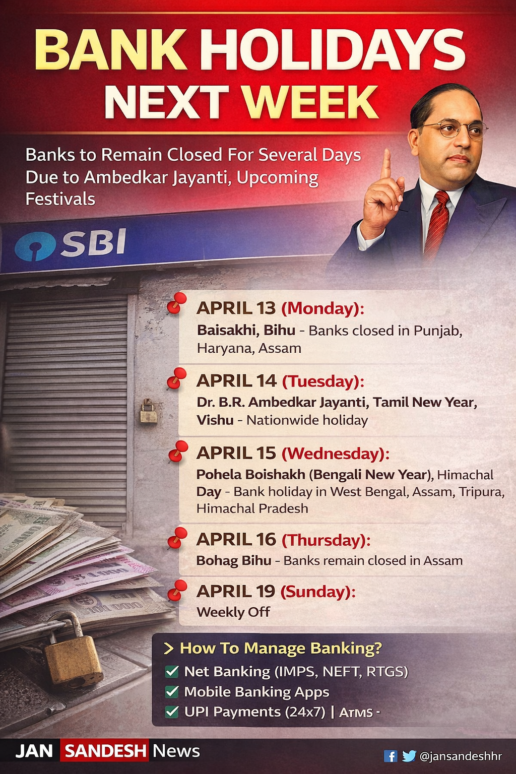 Bank Holidays: अगले हफ्ते कई दिन बंद रहेंगे बैंक, अंबेडकर जयंती समेत त्योहारों का असर